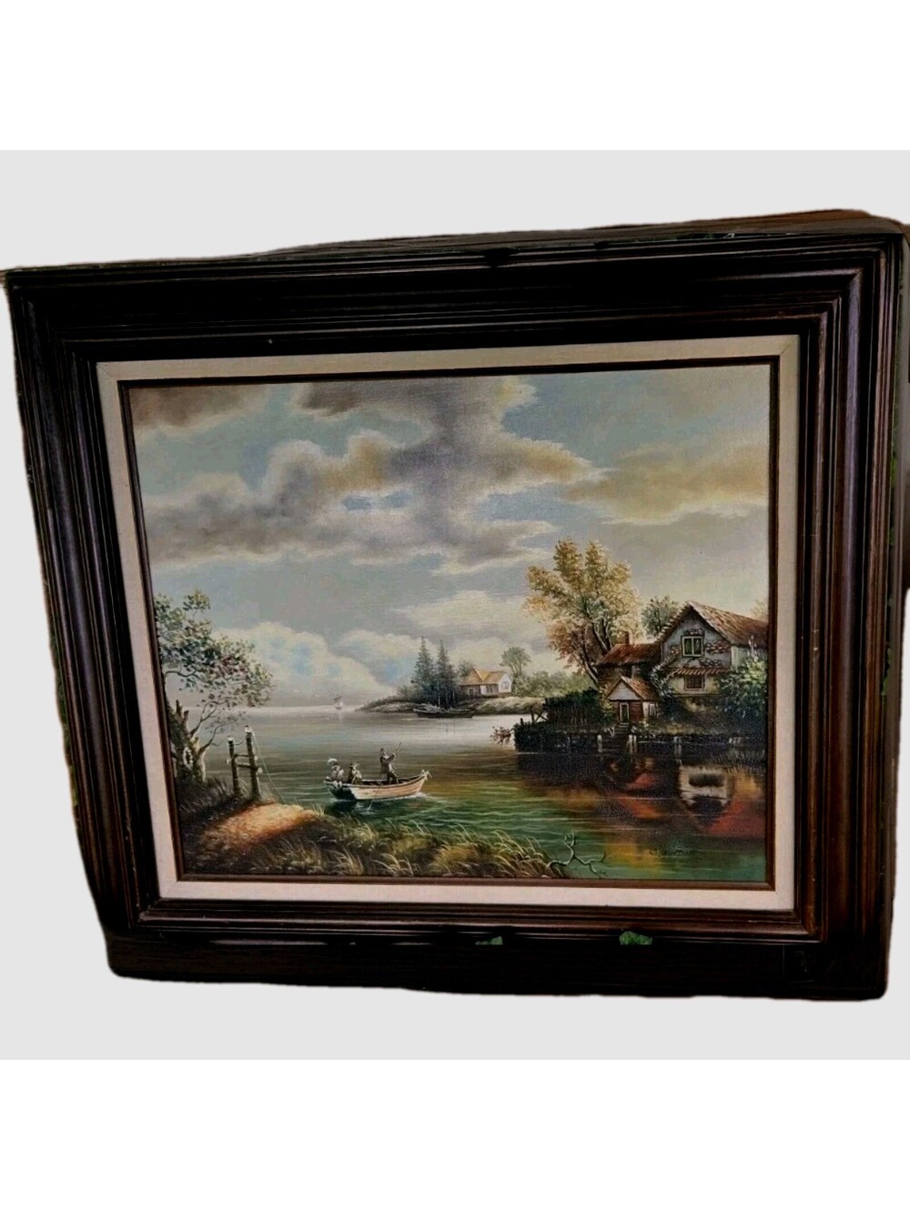 “J. Perinne”Signed Oil Painting Home Water Boats People 24X20 Wood Framed 32X28